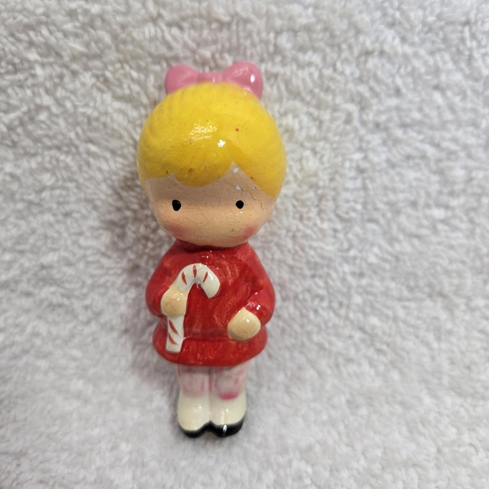 Vintage Joan Walsh Anglund Ceramic Girl Candy Cane Christmas Ornament 1961, 1972
